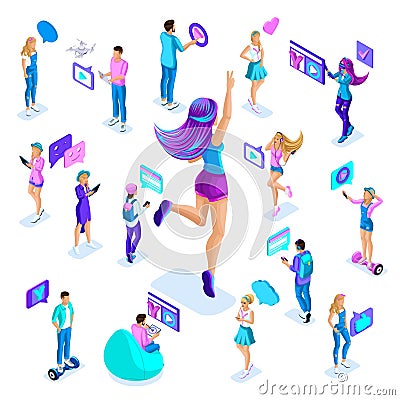 Isometry of a large girl jumping, having fun, happy with colorful hair, a concept of magical hair behind, people teenagers with Vector Illustration