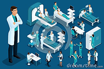 Isometry of Medicine, Doctor, Large Surgeon, Medical Devices, Diagnosis, Treatment, Vector Illustration