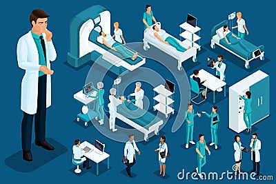 Isometry medicine, Doctor thought, a large surgeon, medical devices, diagnostics, treatment, a large set of Medical equipment Vector Illustration