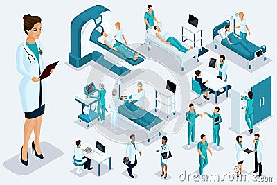 Isometry medicine, Female Doctor with a history of a large disease, medical devices, diagnosis, treatment, set Medical equipment Vector Illustration