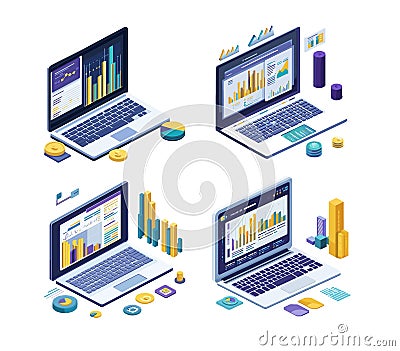 Isometry notebook business analytics concepts. Laptop chart bars diagrams graphs pointers screens, management strategy Vector Illustration