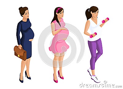 Isometry A pregnant girl in different forms, a business woman, on a walk, goes in for sports. Set of characters Vector Illustration