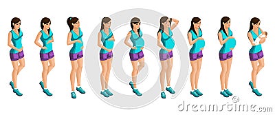 Isometry of a pregnant girl at different periods of pregnancy, a woman holds the abdomen and the birth of a child. Emotion happy Vector Illustration