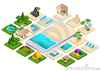 Isometry is a set for creating your holiday, traveling, warm countries, the sea, camping, palm trees. A large set of Vector Illustration