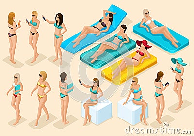 Isometric People 3d Girl in Bathing Suits Beachn Vector Illustration