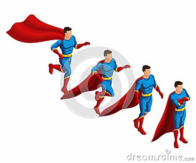 Isometry is a set of 4 movements of superheroes, 3D set of movements of supermen in a suit with a raincoat. Runs, hurries, waits Vector Illustration