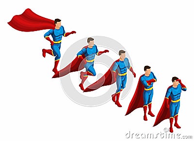 Isometry is a set of superheroes, 3D set of movements of supermen in a suit with a raincoat. Runs, hurries, goes looking for Vector Illustration