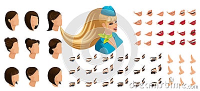 Isometry of the stewardess girl with a set of emotions for the creation of her character Vector Illustration