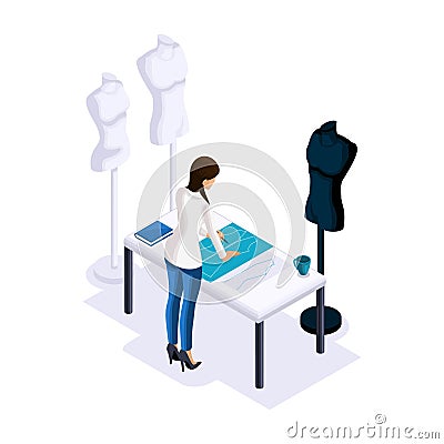 Isometry of a tailor, the designer makes patterns, creating clothes for sale, dummies for fitting. The entrepreneur working for Vector Illustration