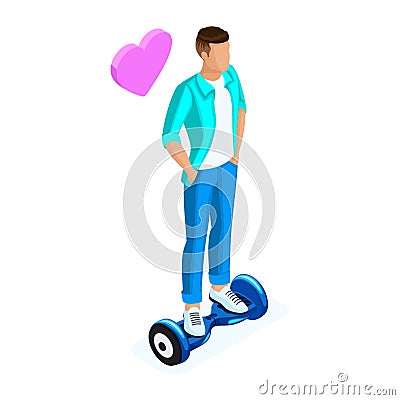 Isometry is a young man, he keeps correspondence in social networks, love messages, photos and videos, phone, tablet, GyroScooter Vector Illustration