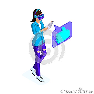 Isometry of a young woman rewrites through social networks, using a tablet and virtual glasses, virtual games, a Vector Illustration