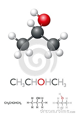 Isopropyl alcohol, CH3CHOHCH3, isopropanol, molecule model and chemical formula Vector Illustration