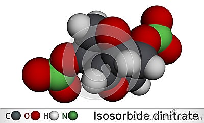 Isosorbide dinitrate, ISDN molecule. It is vasodilator used to treat angina in coronary artery disease. Molecular model. 3D Stock Photo
