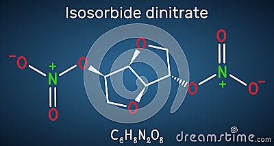 Isosorbide dinitrate, ISDN molecule. It is vasodilator used to treat angina in coronary artery disease. Skeletal chemical formula Vector Illustration