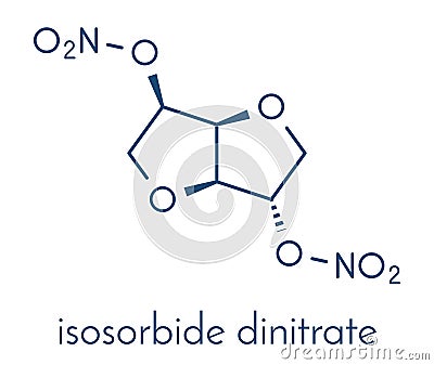 Isosorbide dinitrate ISDN vasodilator drug molecule. Used in treatment of heart related chest pain. Skeletal formula. Vector Illustration