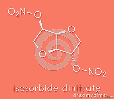 Isosorbide dinitrate ISDN vasodilator drug molecule. Used in treatment of heart related chest pain. Skeletal formula. Stock Photo