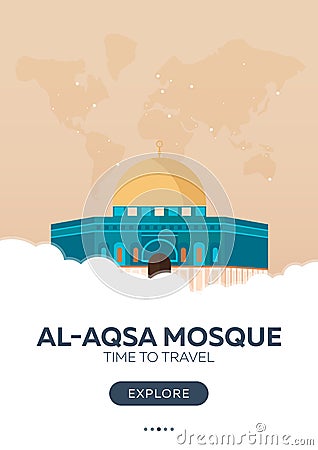 Israel. Al-Aqsa Mosque. Time to travel. Travel poster. Vector flat illustration. Cartoon Illustration