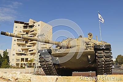 Israel Defense Forces Merkava tank in a memory of fallen officer from Golani brigade in Beer Sheva Editorial Stock Photo