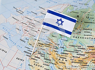 Israel flag pin on map Stock Photo