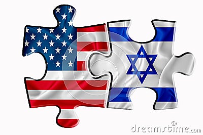Israel flag and United States of America flag on two puzzle pieces on white isolated background. The concept of political Stock Photo