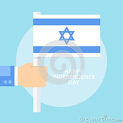 Israel Happy Independence Day celebration card with hand holding flag of Israel. Vector Illustration