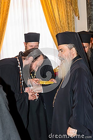 Israel / Jerusalem - 03/23/2016: A group of Orthodox Christians at the reception of the Patriarch of Jerusalem Theophilus III Editorial Stock Photo