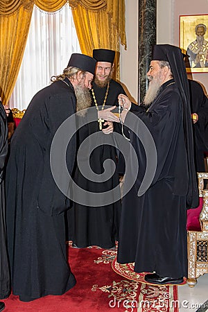 Israel / Jerusalem - 03/23/2016: A group of Orthodox Christians at the reception of the Patriarch of Jerusalem Theophilus III Editorial Stock Photo