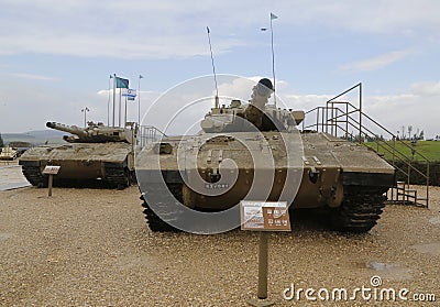 Israel made main battle tanks Merkava Mark III (L) and Mark II (R) on display at Yad La-Shiryon Armored Corps Museum Editorial Stock Photo