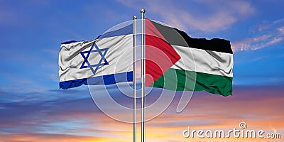 Israel and Palestine flags. Waving flag design. Israel Palestine flag, picture, wallpaper. Israel vs Palestine Stock Photo
