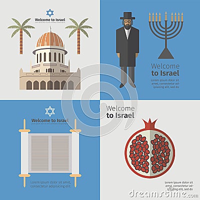 Israel poster set. Flat icon. Vector Vector Illustration