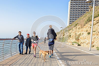 Israel. Tel Aviv. 18 APRIL 2015. Beach line for tourists. Recreation and entertainment. Editorial Stock Photo