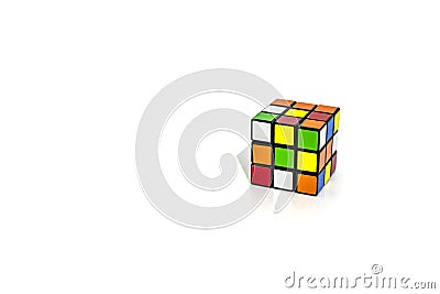 ISRAEL. TEL-AVIV. 16.11.19: Rubik\'s cube on the white background. Rubik\'s Cube invented by a Hungarian architect Erno Rubik in Editorial Stock Photo