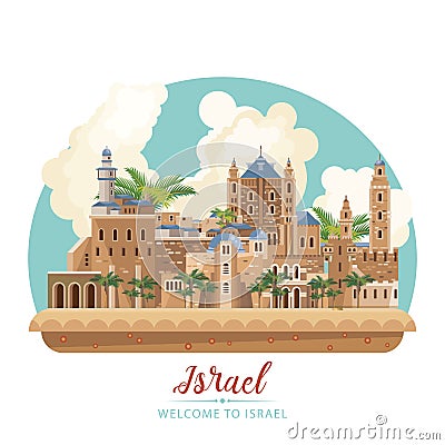 Israel vector banner with jewish landmarks. Welcome to wonderful Israel. Travel poster in flat design Vector Illustration