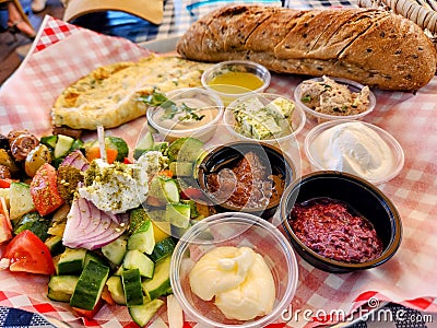 Israeli breakfast on the table in a restaurant Stock Photo