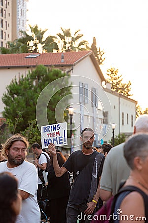 Israeli civillians gathered in solidarity for ceasefire between Israel and Gaza, holding banners for the missing and kidnapped Editorial Stock Photo