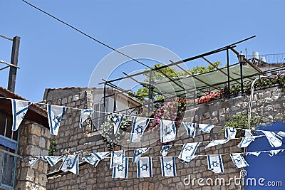 Israeli flags waving in the mystical city of Tzfat Israel Stock Photo