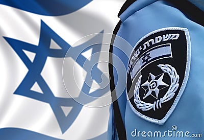 Israeli police officer on the Israeli flag bokeh background Editorial Stock Photo