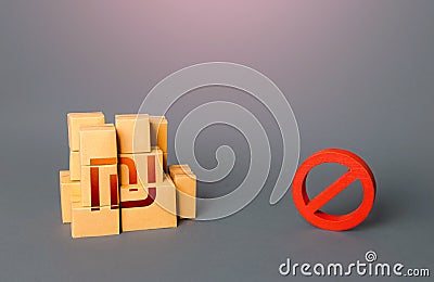 Israeli shekel goods boxes and prohibition symbol NO. Trade wars. Ban on import goods. Impossibility of transportation, oversupply Stock Photo