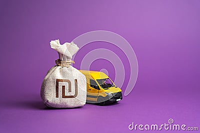 Israeli shekel money bag and delivery van. Freight transportation. Stock Photo