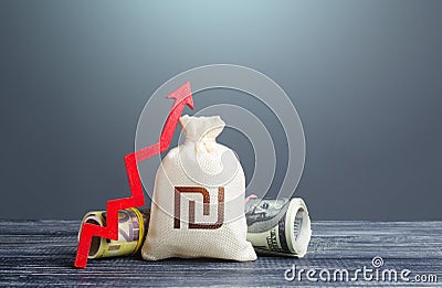 Israeli shekel money bag and red arrow up. Growth of economy and increase of investment attractiveness. Recovery. Stable currency Stock Photo