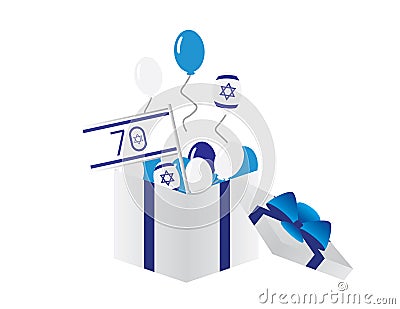 Israel 70th independence day icon - Israel flag, Blue and white balloons flying from a white box with blue ribbon Vector Illustration