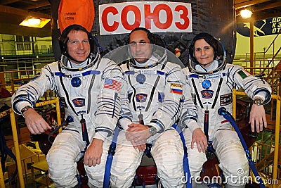 ISS Increment 42-43 Crew Before Launch on Soyuz TMA-15m Editorial Stock Photo