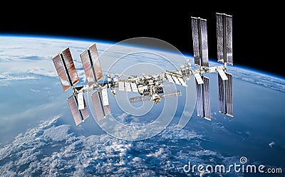 ISS station on orbit of the Earth planet. Elements of this image furnished by NASA Stock Photo