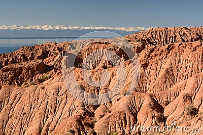 Issyk-Kul lake as seen from Skazka, or Fairytale, canyon. Kyrgyzstan Stock Photo