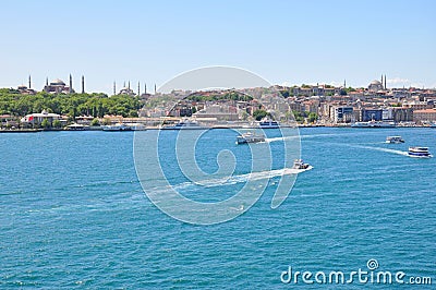 Istanbul aerial view to city, Blue Mosque and Hagia Sophia Mosque Editorial Stock Photo