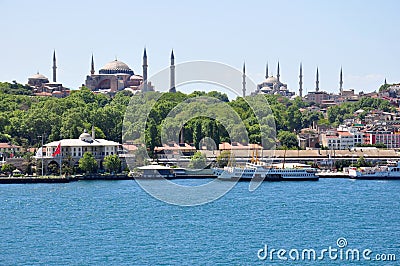 Istanbul aerial view to city, Blue Mosque and Hagia Sophia Mosque Editorial Stock Photo