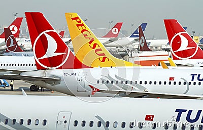 Istanbul Ataturk Airport terminal aircraft tails Editorial Stock Photo