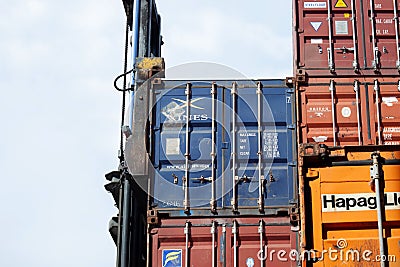 Istanbul, Beylikduzu - Turkey - 07.07.2023 Container yard for Logistic Import Export business, Close-up container view, Crane Editorial Stock Photo