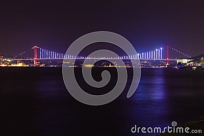 Istanbul Bosphorus Bridge at night. New Name: 15th July Martyrs Bridge Stock Photo