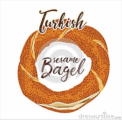 Turkish traditional bagel simit. Cartoon vector illustration in flat style. Turkish Sesame Bagel. Istanbul traditional flavors Vector Illustration